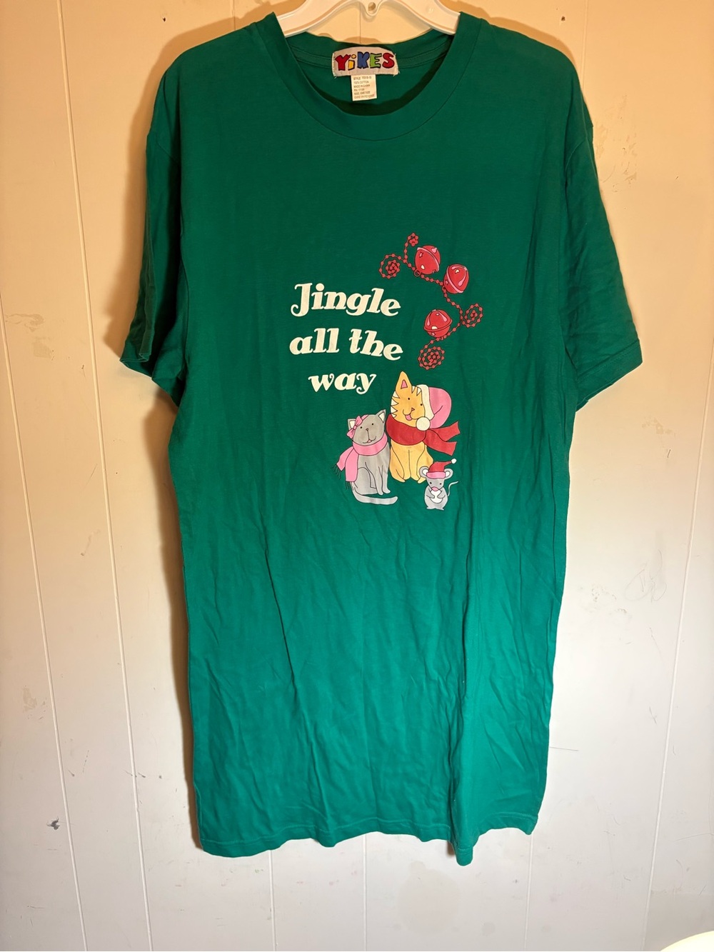 VTG 90s Yikes Christmas Cats Sleep Shirt Nightgown One Size Green Jingle All Way